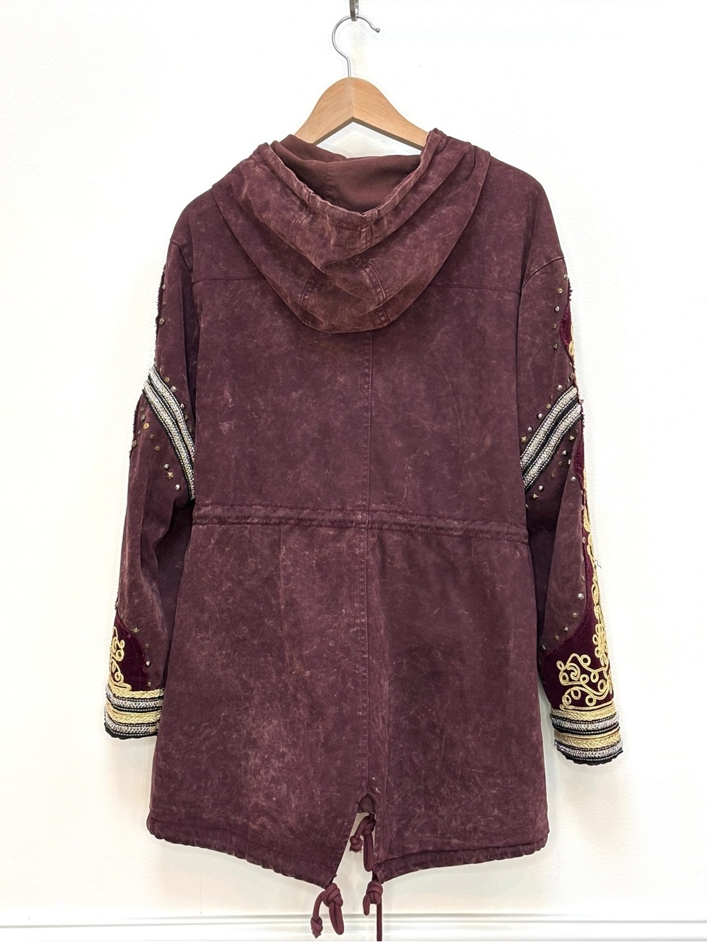 Free People Golden Quills Military Parka Jacket Size S Boho Merlot Burgundy - Picture 8 of 14